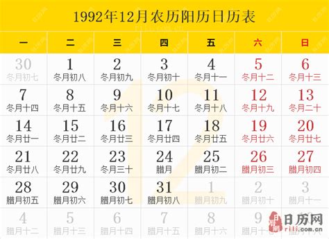 1992年12月|1992年12月日历表